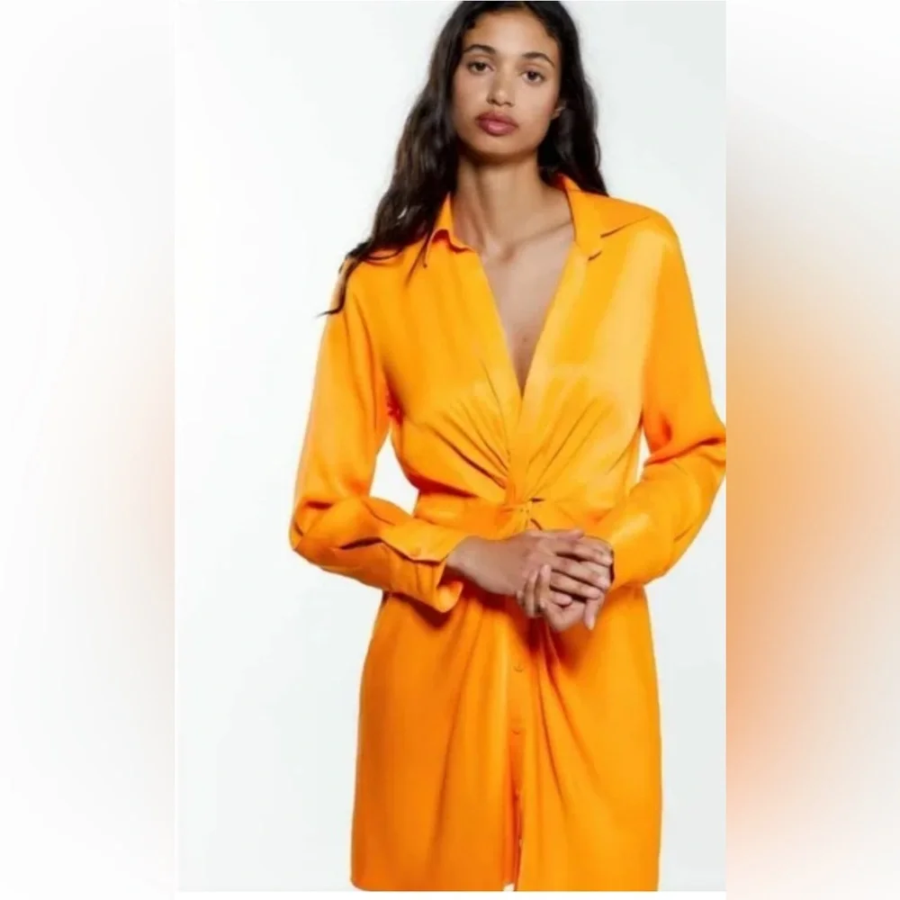 NWT Zara Orange twist satin shirt dress. Size Small. Long sleeves, deep v neck. - Picture 1 of 16